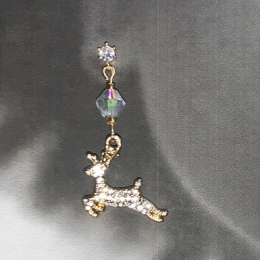 Cubic Zirconia Stud Post W Drop Dangling Sparkling Reindeer in Gold Tone